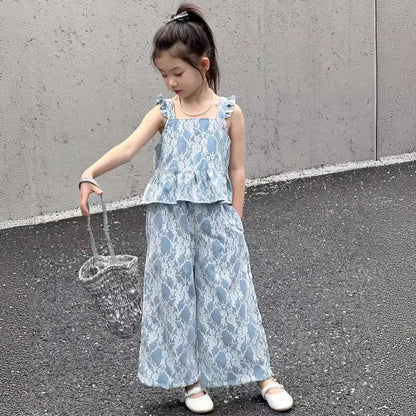 CJ4116夏季韓版女童蕾絲飛袖吊帶上衣闊腿褲兩件套2024.06.11