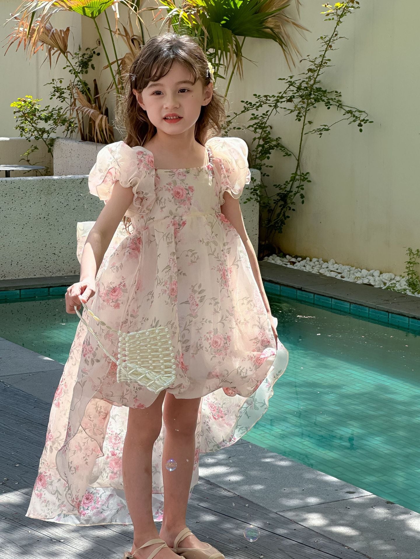 CJ4886夏季中大女童碎花蝴蝶結拖尾公主裙2024.06.28