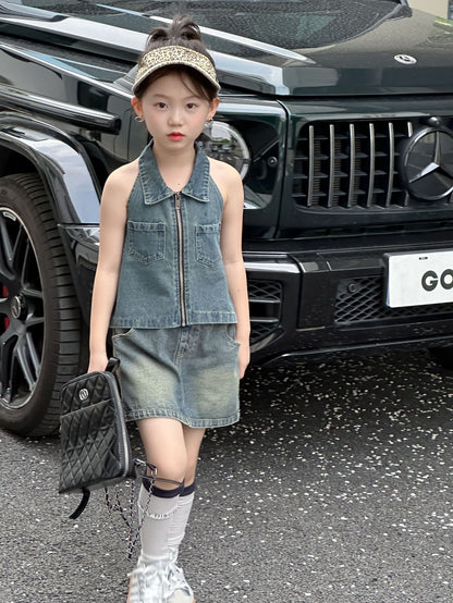 CJ4922夏季女童辣妹風牛仔露背上衣短裙套裝兩件套2024.06.11