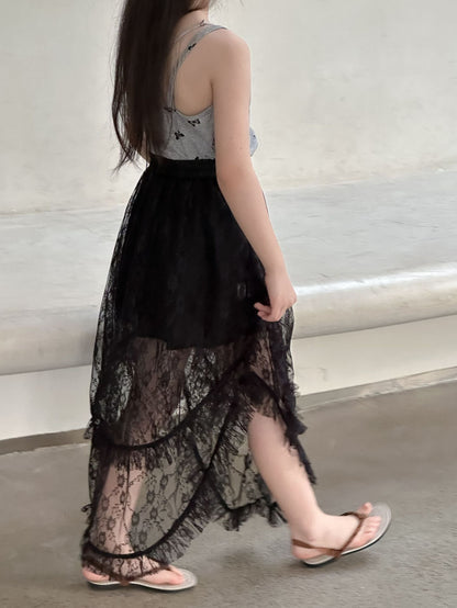 CJ4991夏季中大童不規則黑色半身蕾絲紗裙2024.06.11