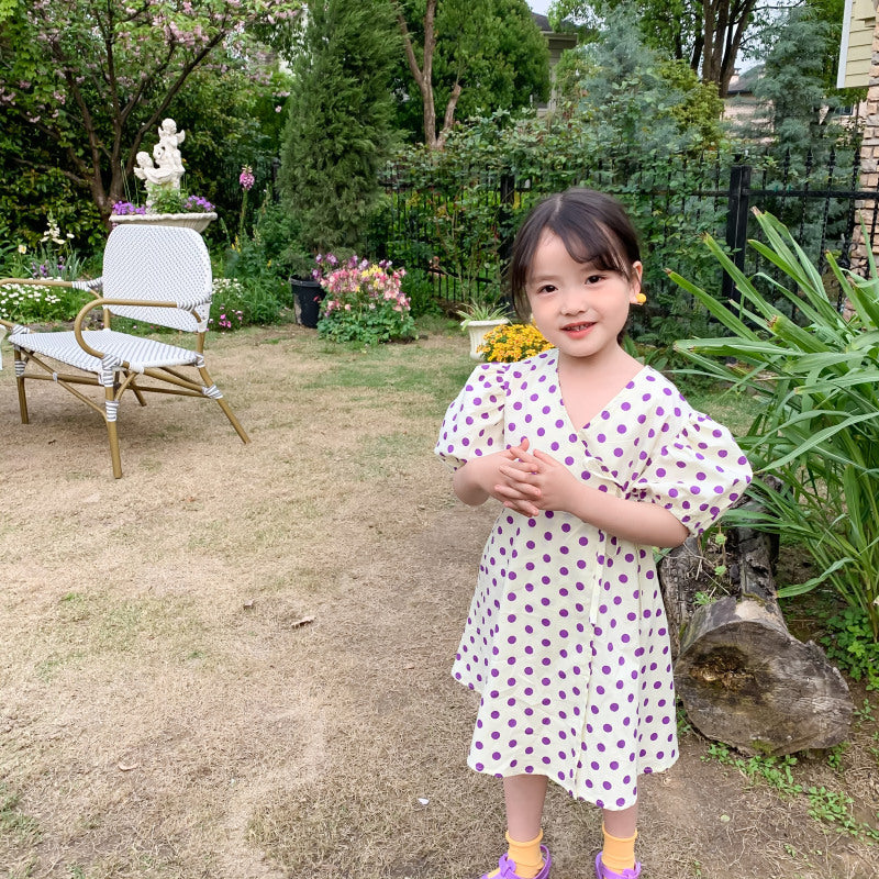 AJ7402韓版夏季女童波點泡泡袖系帶收腰公主連衣裙2024.06.07