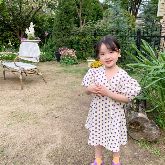 AJ7402韓版夏季女童波點泡泡袖系帶收腰公主連衣裙2024.06.07