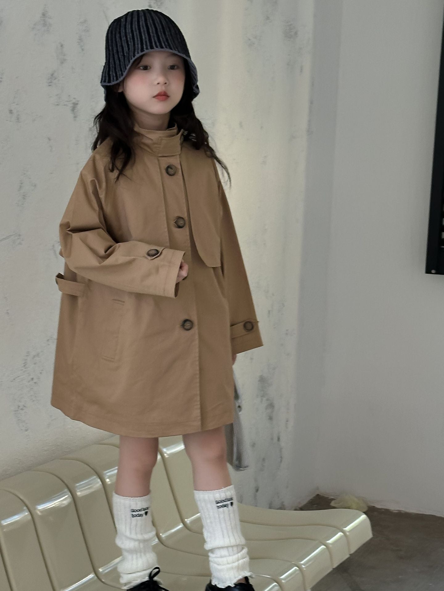 CA4655秋季韓版女童設計感咖色風衣中長款外套2024.08.06