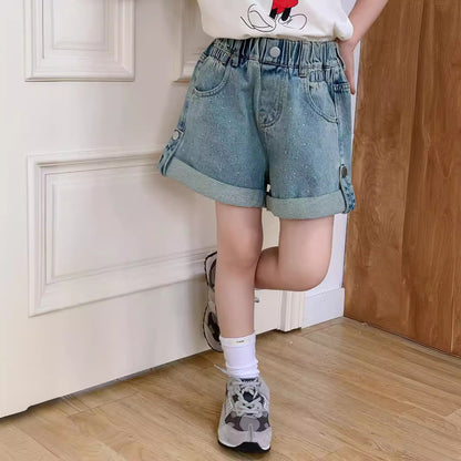 CJ4808夏季中大女童帶鑽牛仔翻邊短褲2024.06.28