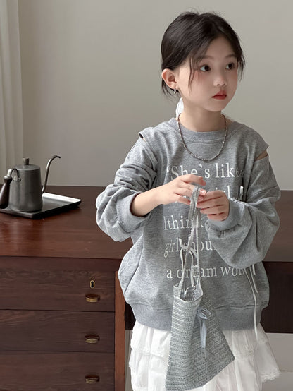 CA4159秋季女童甜美露肩蝴蝶結字母印花衛衣白色蛋糕裙兩件套2024.08.06