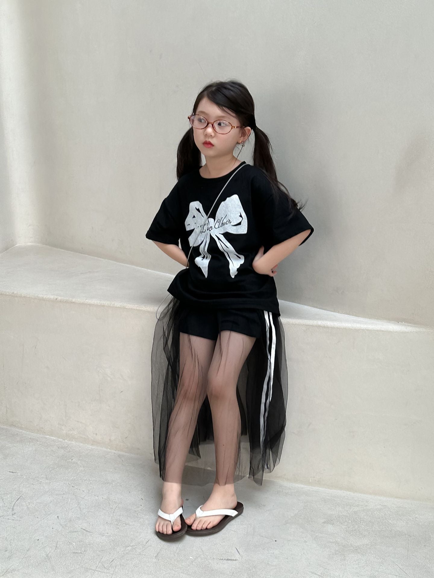 CJ4909韓版夏季女童蝴蝶結印花寬鬆短袖t恤紗裙兩件套2024.06.11