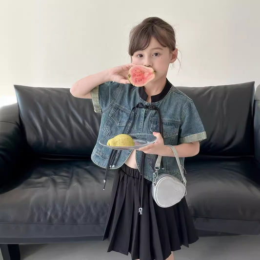 CA4865夏季新中式女童黑色盤扣短袖短款牛仔外套2024.04.09