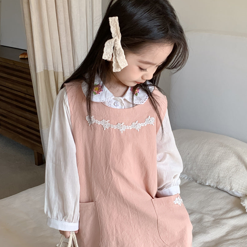 AF1666韓版春季小女孩刺繡襯衫背心裙兩件套2024.02.20