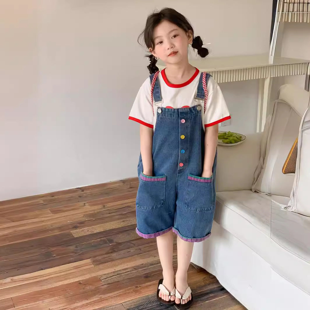 CJ4320夏季中大女童彩色扣子彩紗牛仔背帶褲2024.06.28