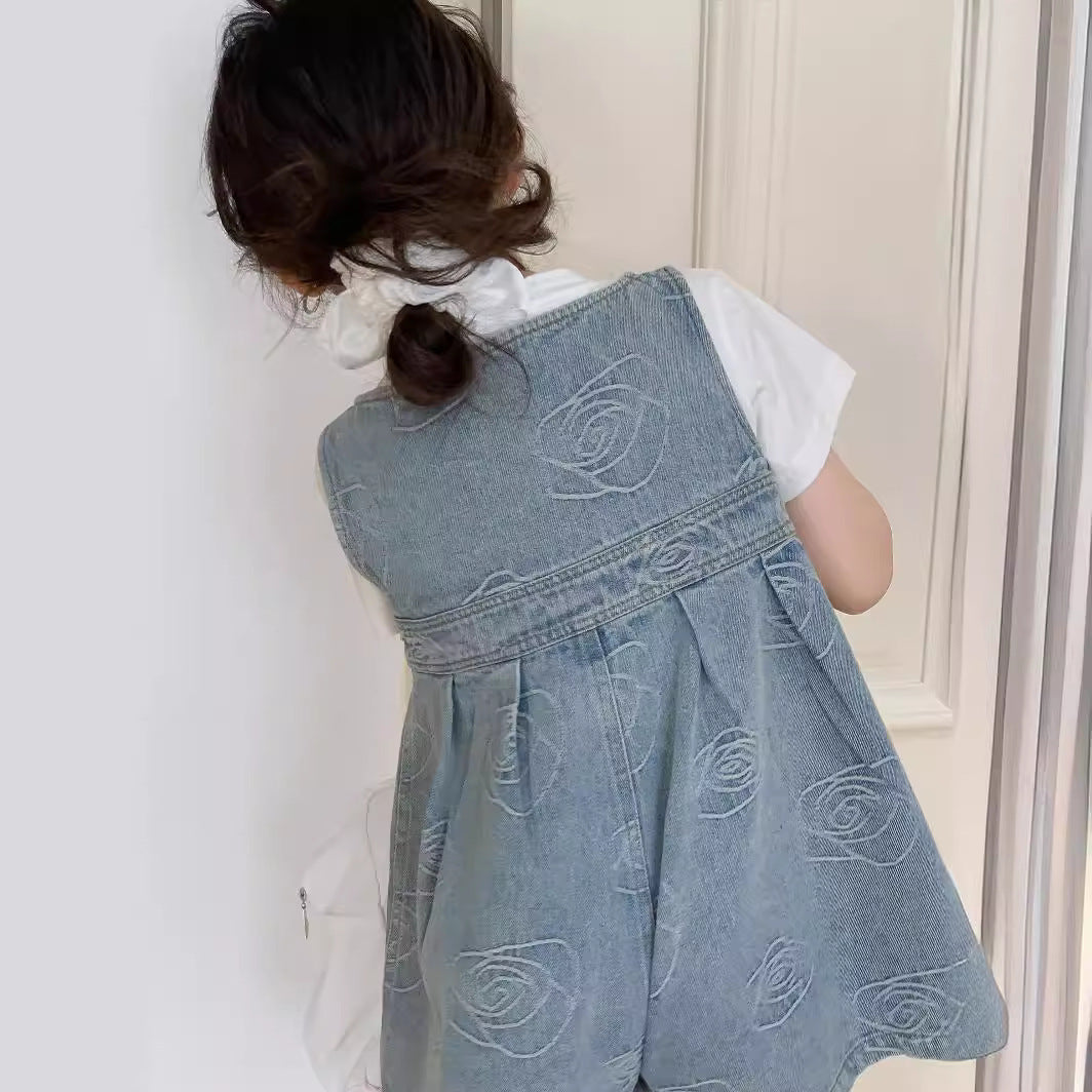 CJ3391夏季中大女童花朵牛仔背帶褲2024.06.28