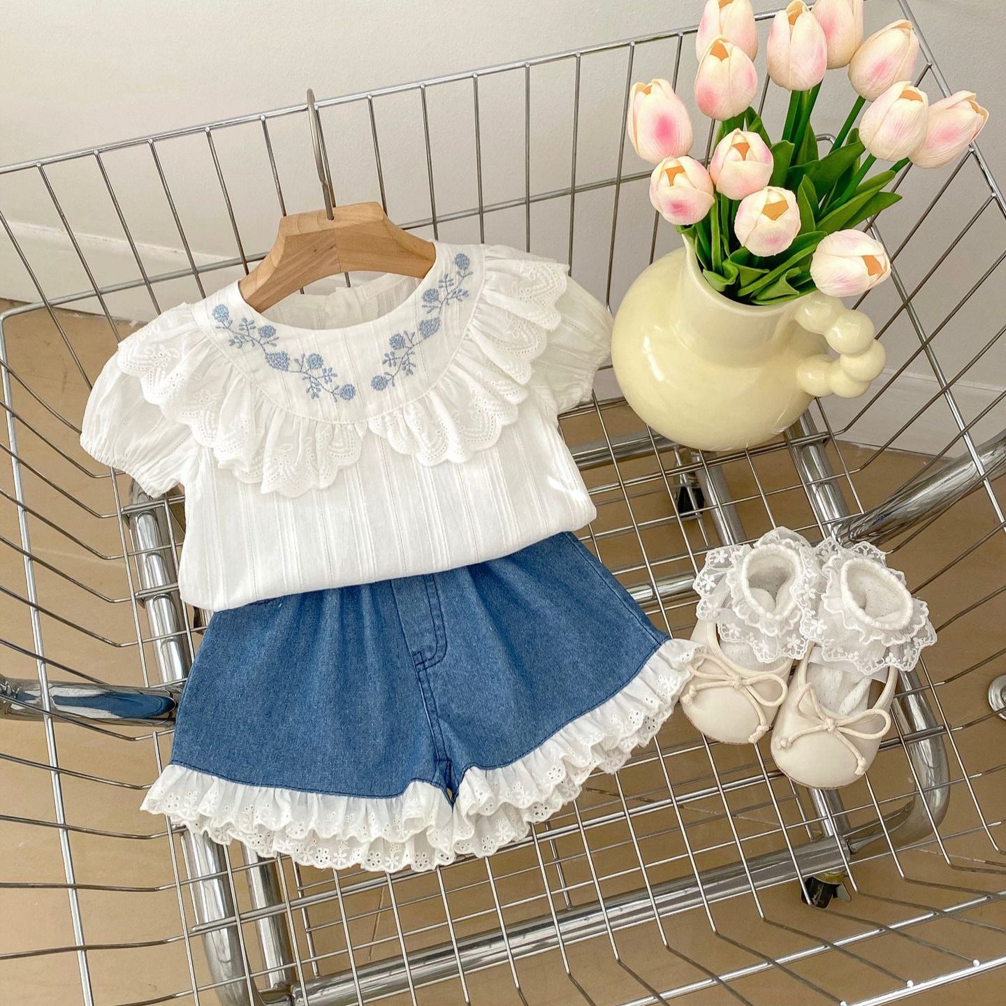 DA0167夏季女童INS繡花領短袖襯衫+牛仔短褲兩件套2024.04.12