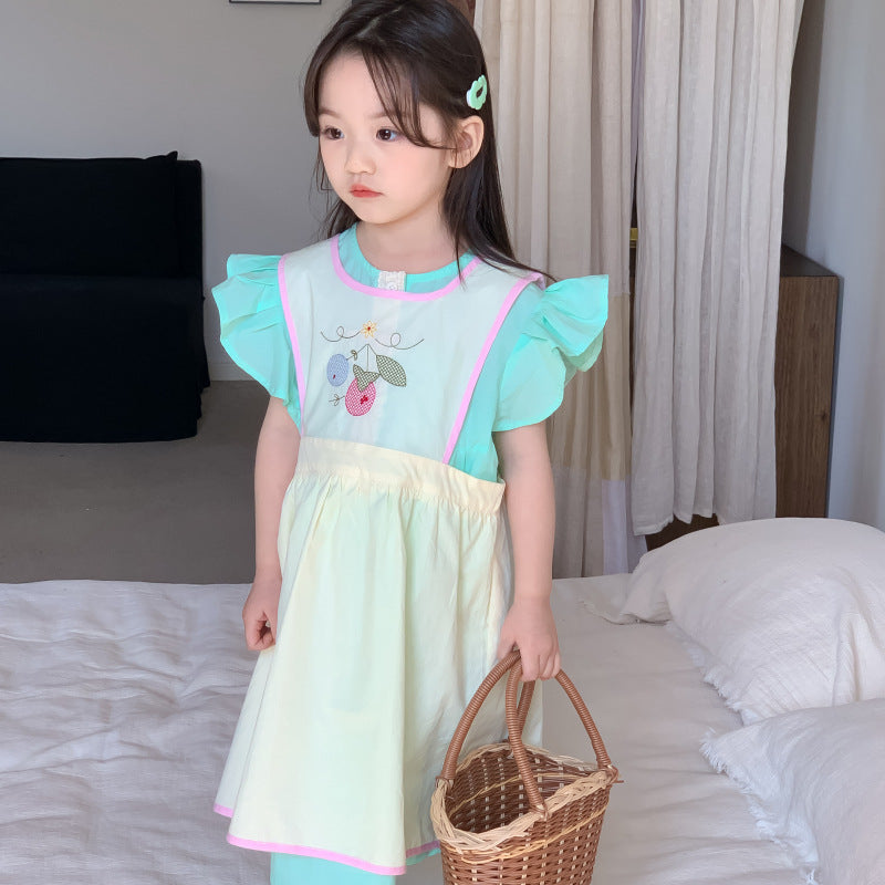 AM1679夏季韓版甜美棉布飛袖刺繡背心裙兩件套2024.03.29
