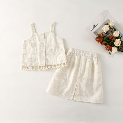 AJ1707夏季女童刺繡吊帶衫甜美半身裙兩件套套裝2024.06.07
