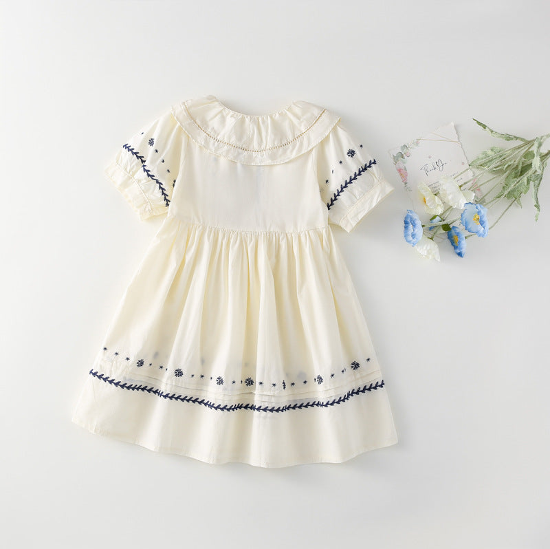 AM1682夏季復古宮廷風娃娃領刺繡花朵設計寬鬆泡泡袖裙子2024.03.29