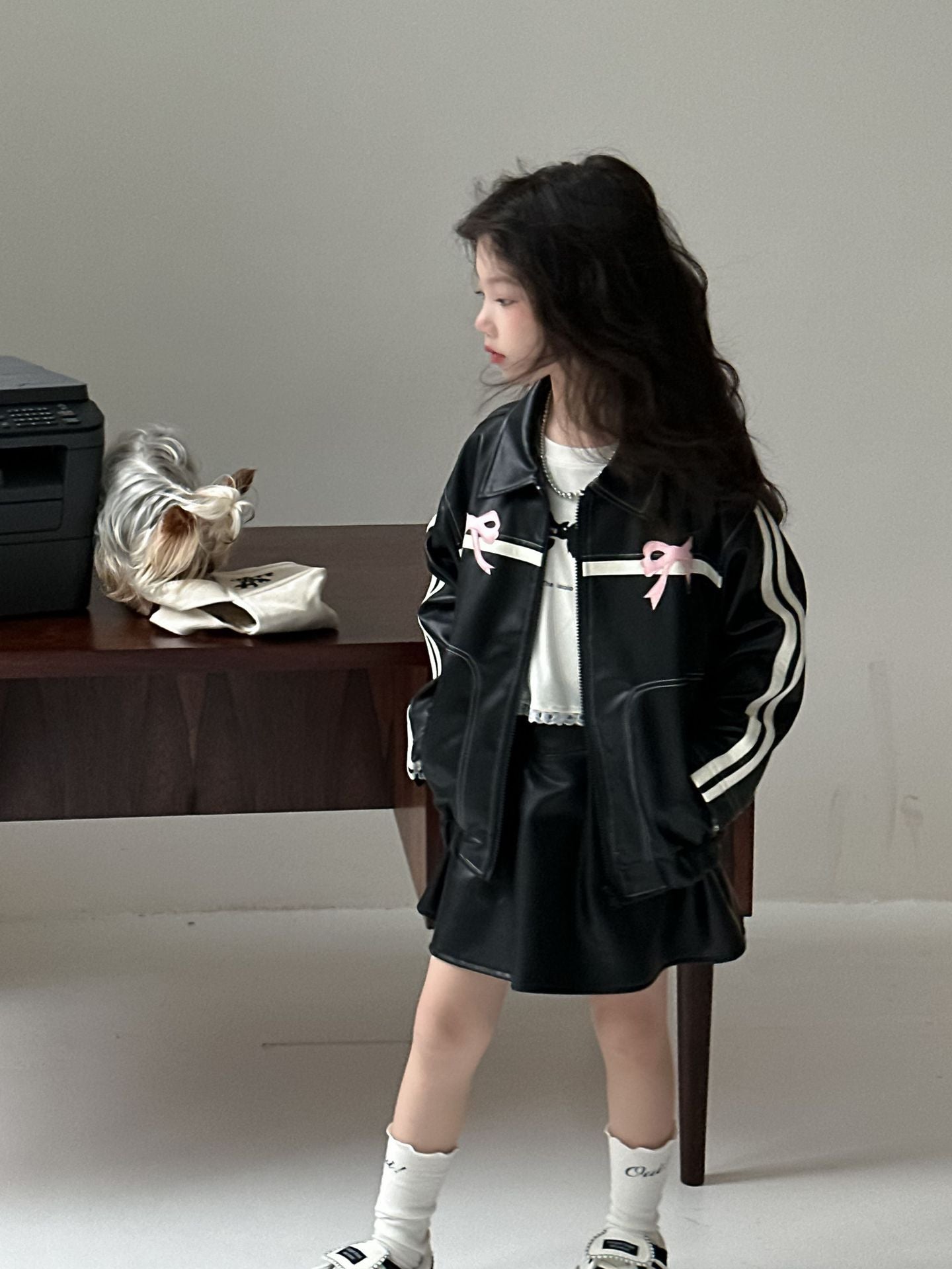 CA4770秋季女童辣妹風蝴蝶結PU皮衣短裙套裝2024.08.06