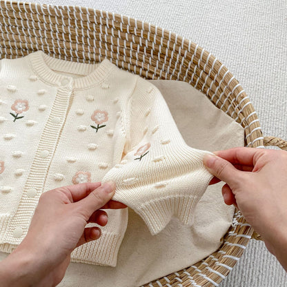 DK2097秋季女童甜美針織純棉花朵刺繡圓領長袖外套2024.07.05