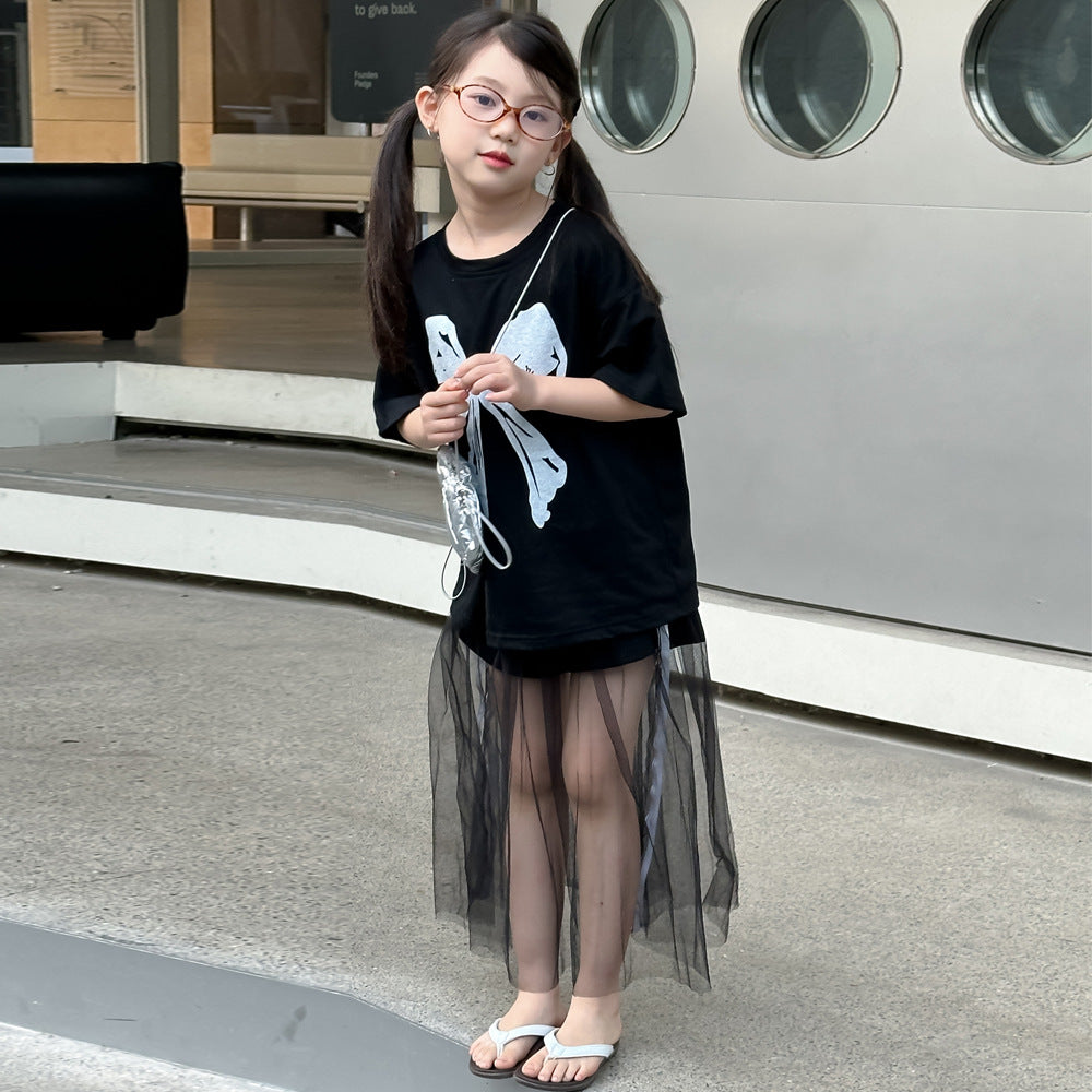 CJ4909韓版夏季女童蝴蝶結印花寬鬆短袖t恤紗裙兩件套2024.06.11