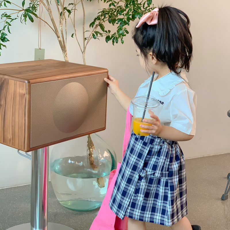 AJ1205夏季女童學院風短袖襯衫格子半裙兩件套套裝2024.06.07