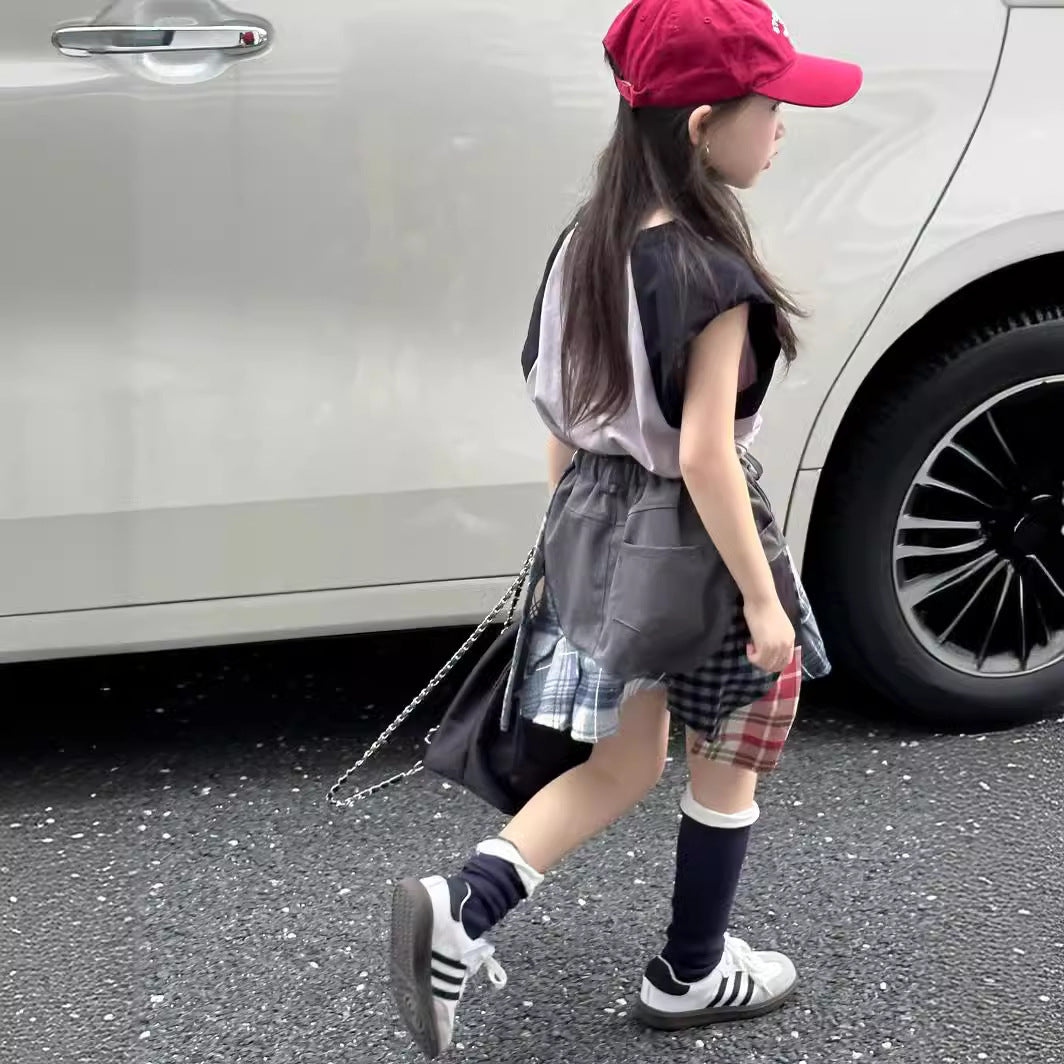 CJ4137夏季女童墊肩無袖t恤拼接短裙兩件套2024.06.11