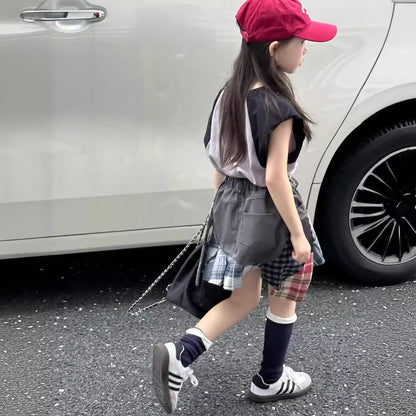 CJ4137夏季女童墊肩無袖t恤拼接短裙兩件套2024.06.11