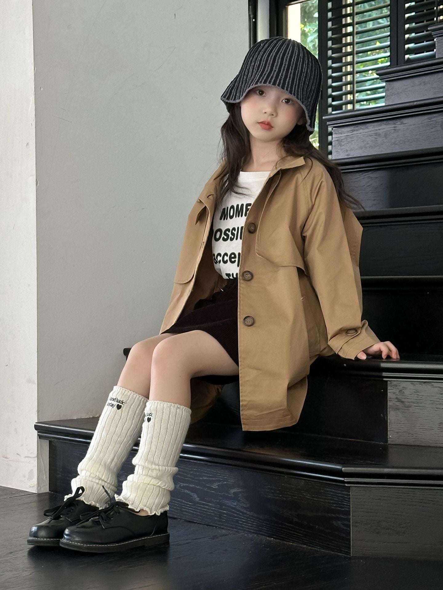CA4655秋季韓版女童設計感咖色風衣中長款外套2024.08.06