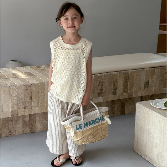 CA4960韓版夏季女童無袖上衣吊帶衫條紋褲三件套中大童女寶套裝2024.04.09