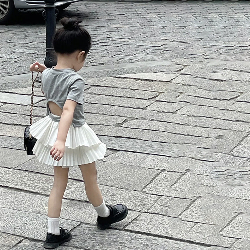CJ2873韓版純色露背短袖甜美百褶蛋糕短裙套裝2023.06.27