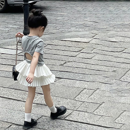 CJ2873韓版純色露背短袖甜美百褶蛋糕短裙套裝2023.06.27