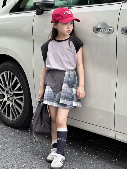 CJ4137夏季女童墊肩無袖t恤拼接短裙兩件套2024.06.11