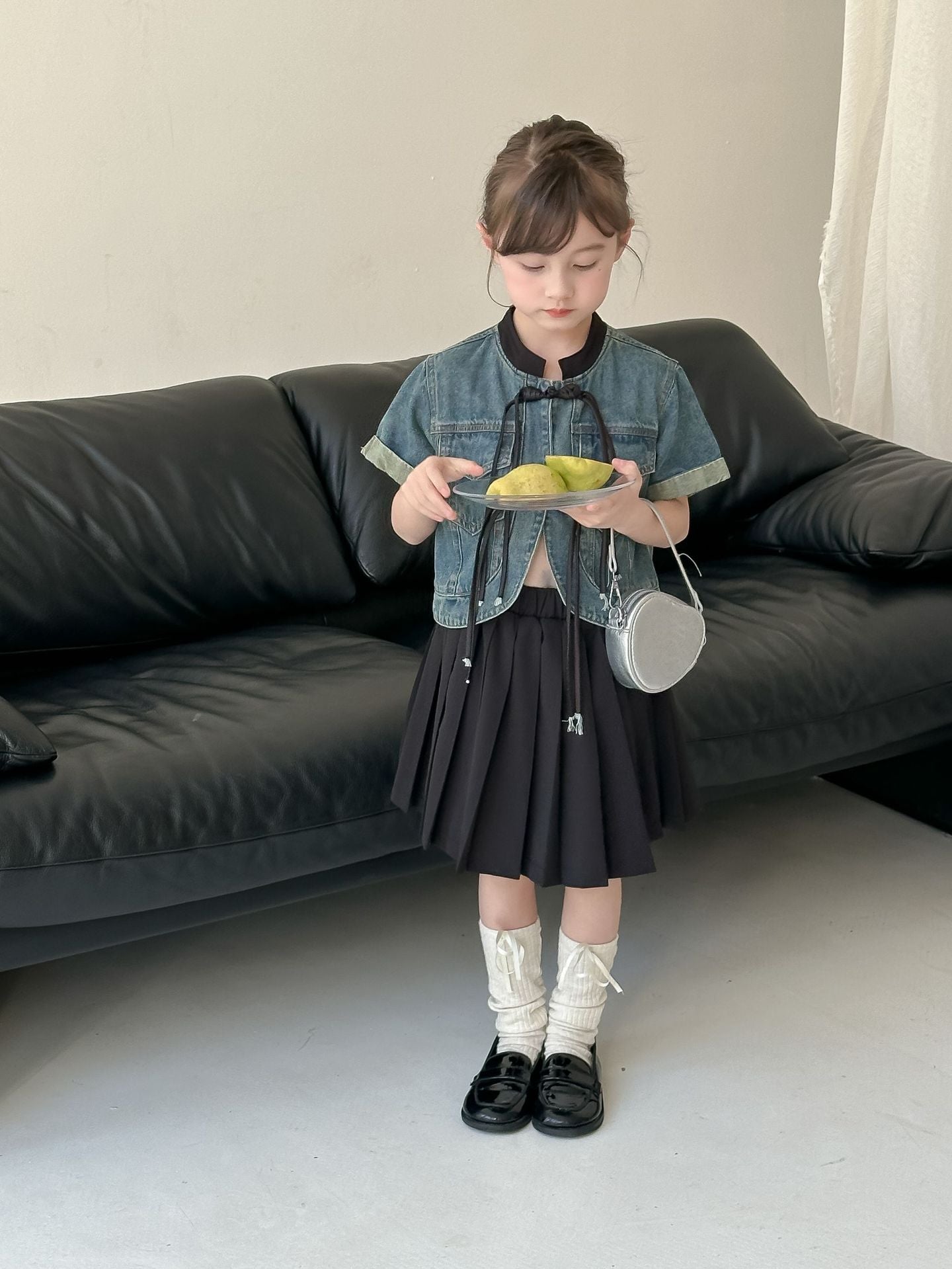 CA4865夏季新中式女童黑色盤扣短袖短款牛仔外套2024.04.09