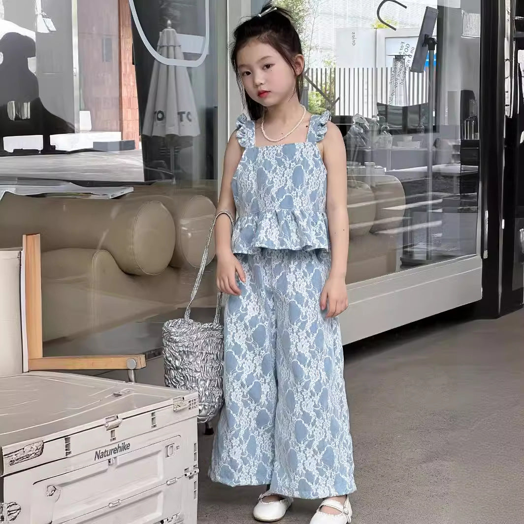 CJ4116夏季韓版女童蕾絲飛袖吊帶上衣闊腿褲兩件套2024.06.11