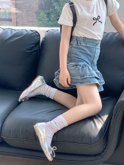 CJ4731韓版夏季中大女童牛仔半身花苞短裙2024.06.28