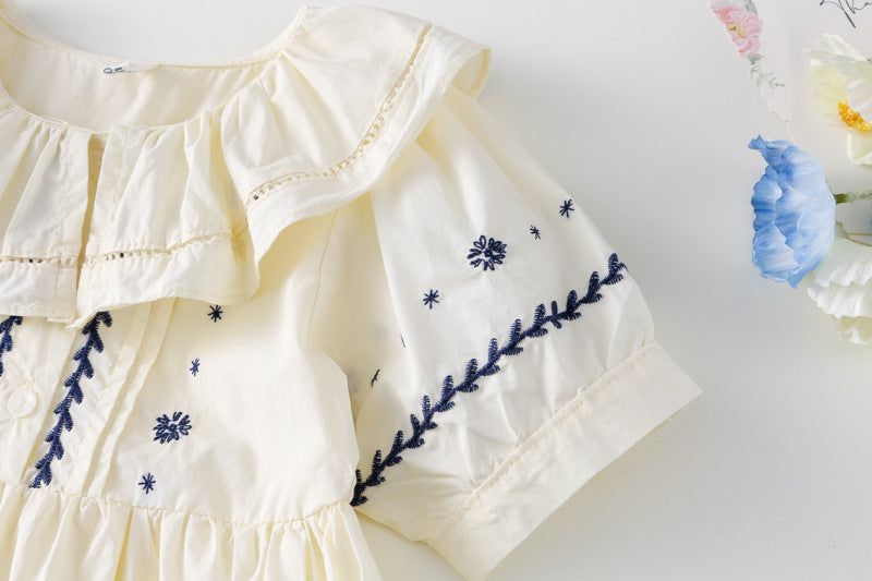 AM1682夏季復古宮廷風娃娃領刺繡花朵設計寬鬆泡泡袖裙子2024.03.29