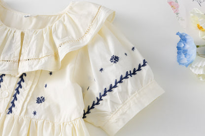 AM1682夏季復古宮廷風娃娃領刺繡花朵設計寬鬆泡泡袖裙子2024.03.29