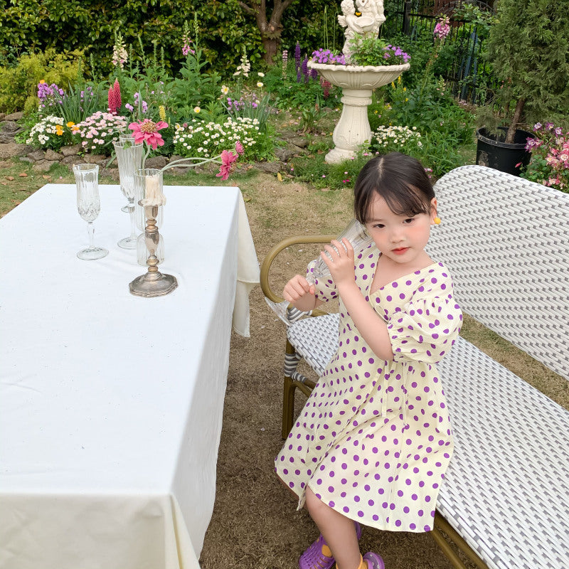 AJ7402韓版夏季女童波點泡泡袖系帶收腰公主連衣裙2024.06.07