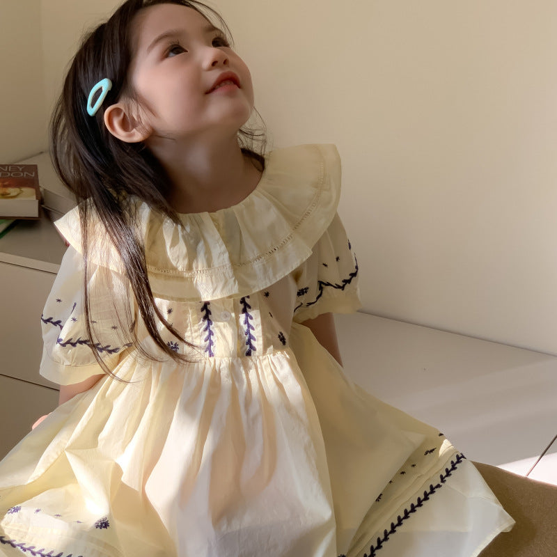 AM1682夏季復古宮廷風娃娃領刺繡花朵設計寬鬆泡泡袖裙子2024.03.29