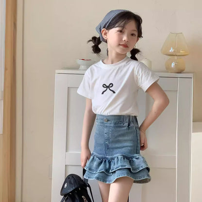 CJ4731韓版夏季中大女童牛仔半身花苞短裙2024.06.28