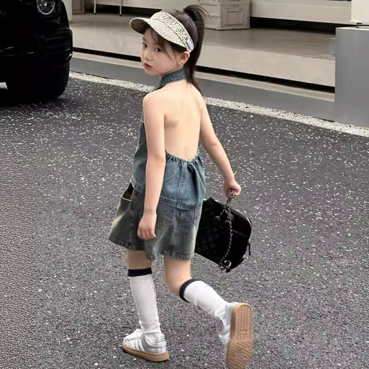 CJ4922夏季女童辣妹風牛仔露背上衣短裙套裝兩件套2024.06.11