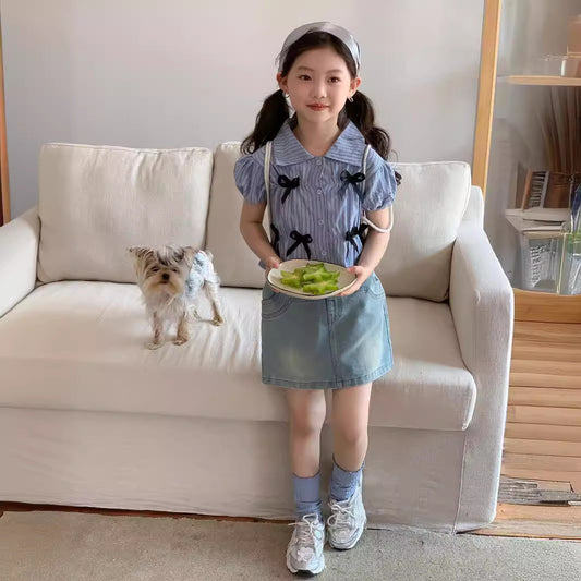CJ4310夏季韓版中大女童藍色蝴蝶結翻領條紋短袖襯衫2024.06.28
