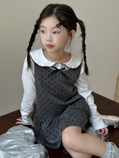 CA4671秋季女童蝴蝶結娃娃衫波點背心公主裙甜美兩件套2024.08.06