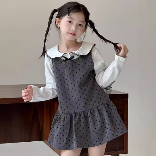CA4671秋季女童蝴蝶結娃娃衫波點背心公主裙甜美兩件套2024.08.06