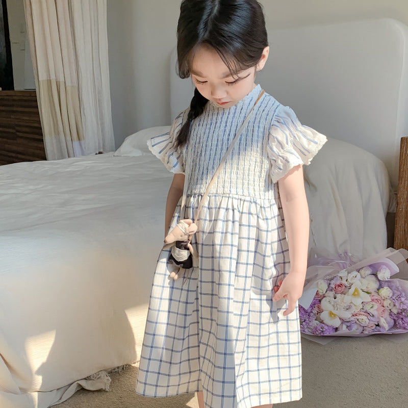 AM1689夏季韓版森系復古飛飛袖格子氣質連衣裙2024.03.29