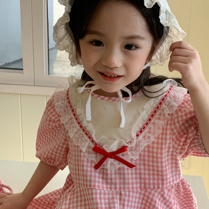 AM1675夏季韓版甜美花邊格子公主裙2024.03.29