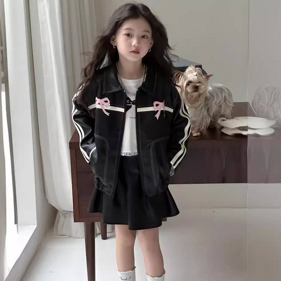 CA4770秋季女童辣妹風蝴蝶結PU皮衣短裙套裝2024.08.06