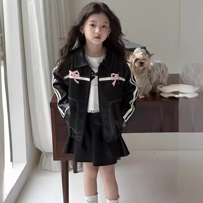 CA4770秋季女童辣妹風蝴蝶結PU皮衣短裙套裝2024.08.06