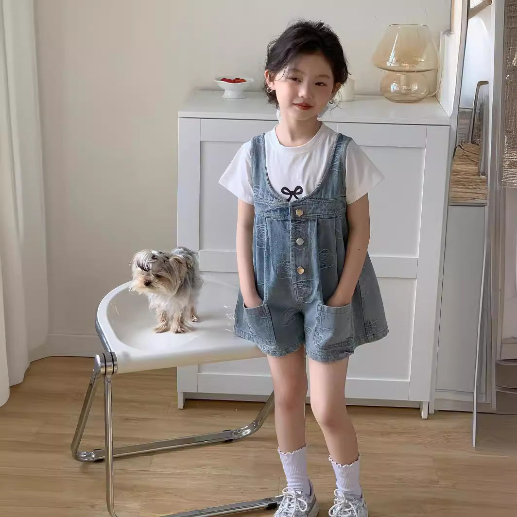 CJ3391夏季中大女童花朵牛仔背帶褲2024.06.28