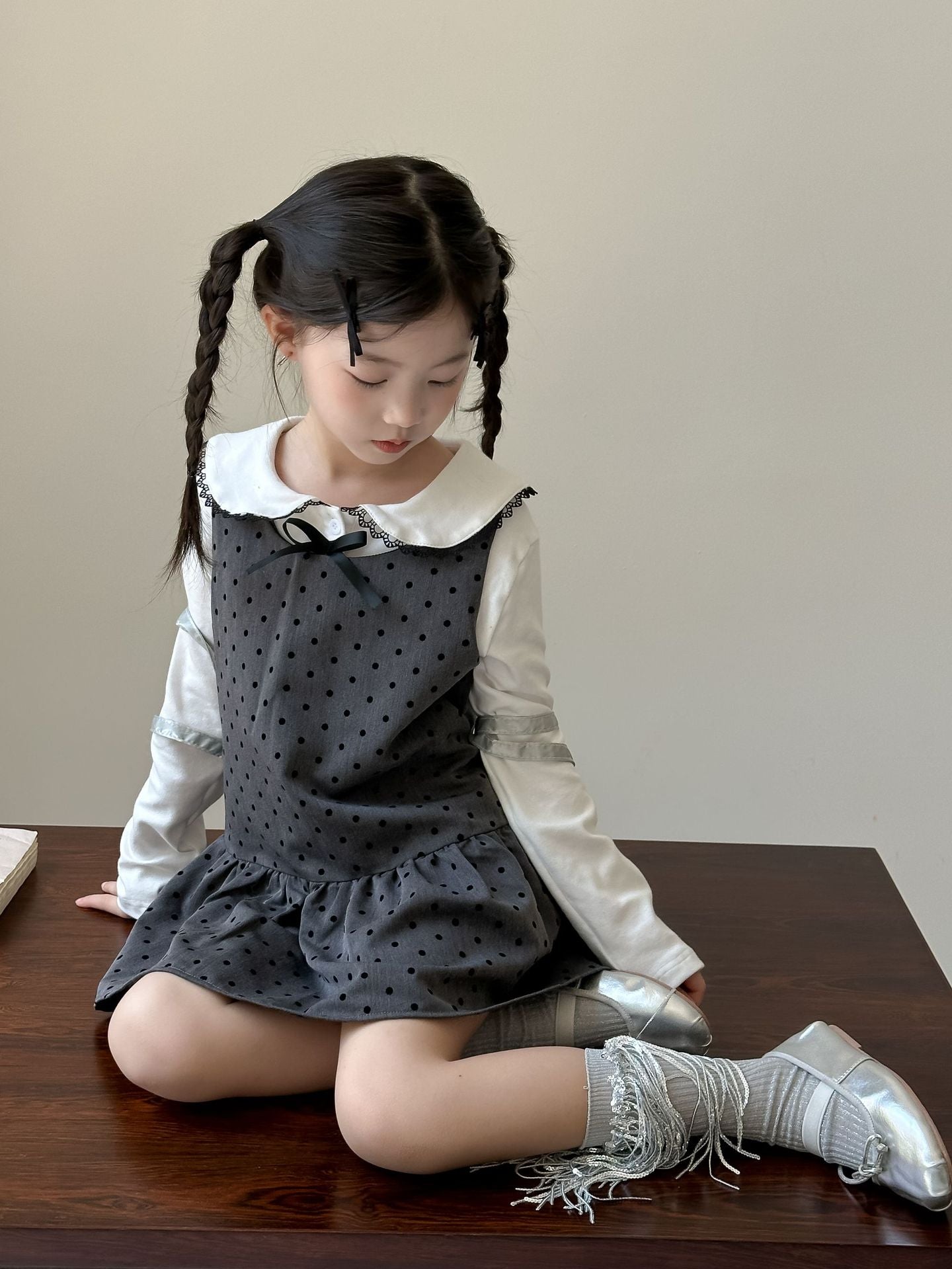 CA4671秋季女童蝴蝶結娃娃衫波點背心公主裙甜美兩件套2024.08.06