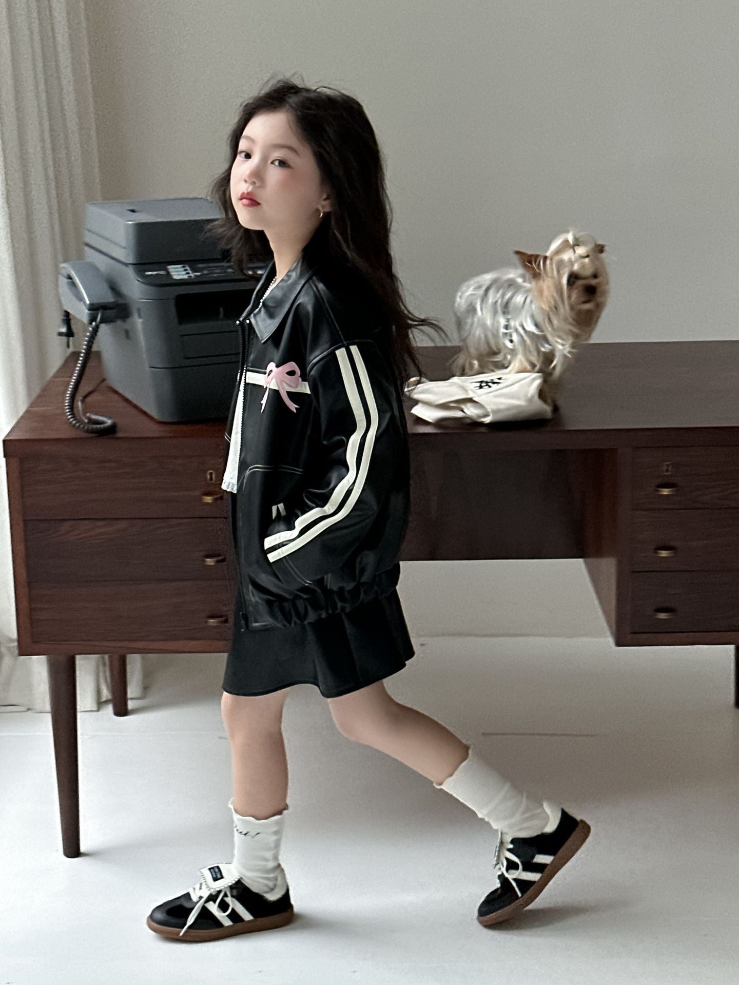 CA4770秋季女童辣妹風蝴蝶結PU皮衣短裙套裝2024.08.06
