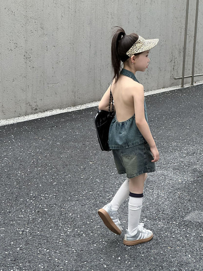 CJ4922夏季女童辣妹風牛仔露背上衣短裙套裝兩件套2024.06.11
