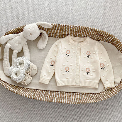 DK2097秋季女童甜美針織純棉花朵刺繡圓領長袖外套2024.07.05